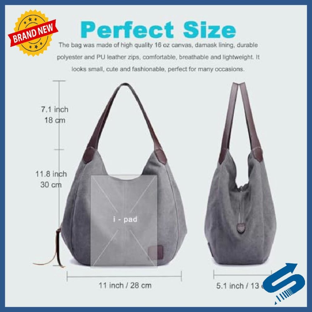 Canvas Tote Bag with Multiple Pockets - Medium/Large Size Options - Picture 5 of 8